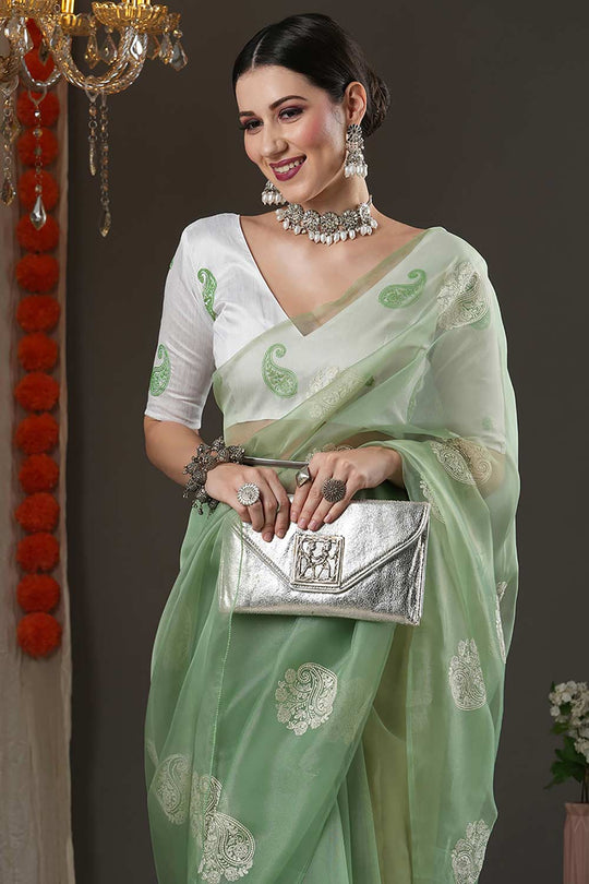 Buy Selena Olive Organza Bagh Embroidered Banarasi One Minute Saree Online - Front