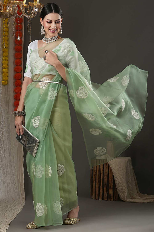 Buy Selena Olive Organza Bagh Embroidered Banarasi One Minute Saree Online - Side