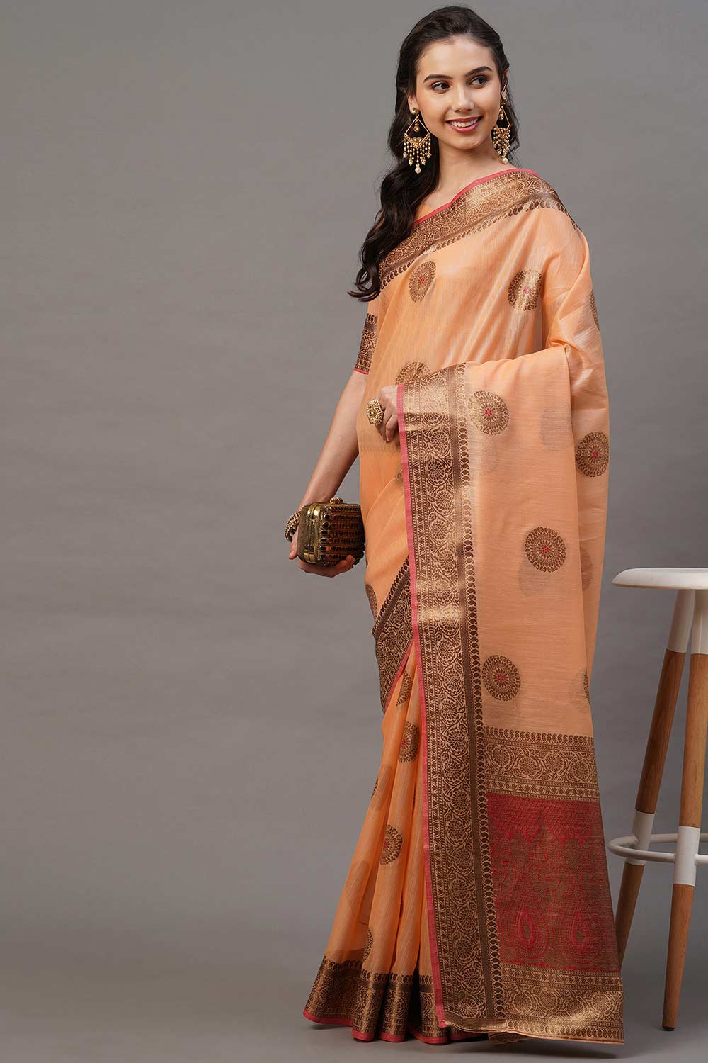 Buy Aisha Peach Woven Blended Silk One Minute Saree Online - Back