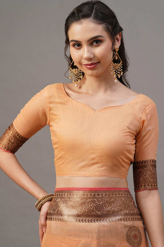 Buy Aisha Peach Woven Blended Silk One Minute Saree Online - Front
