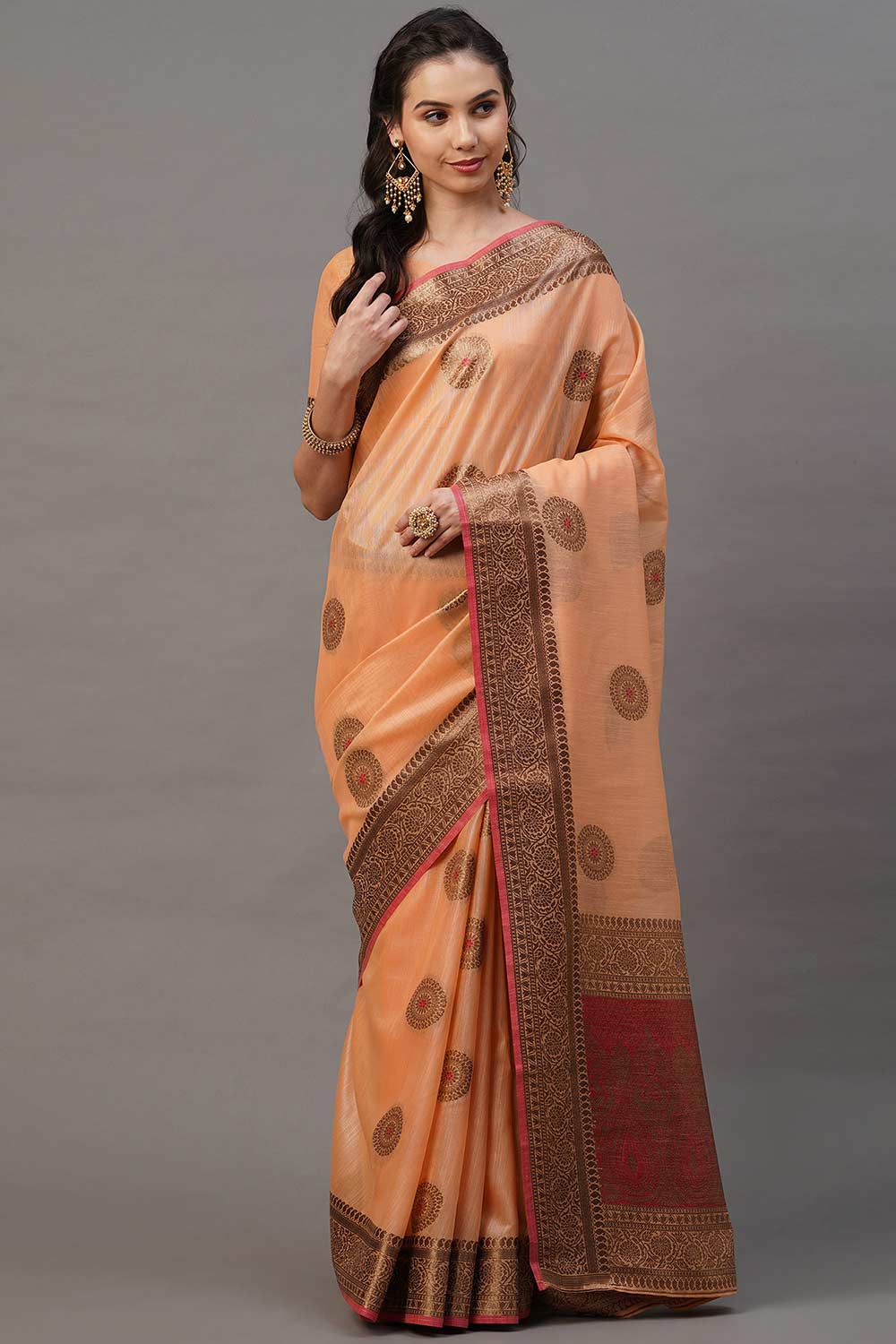 Buy Aisha Peach Woven Blended Silk One Minute Saree Online - One Minute Saree
