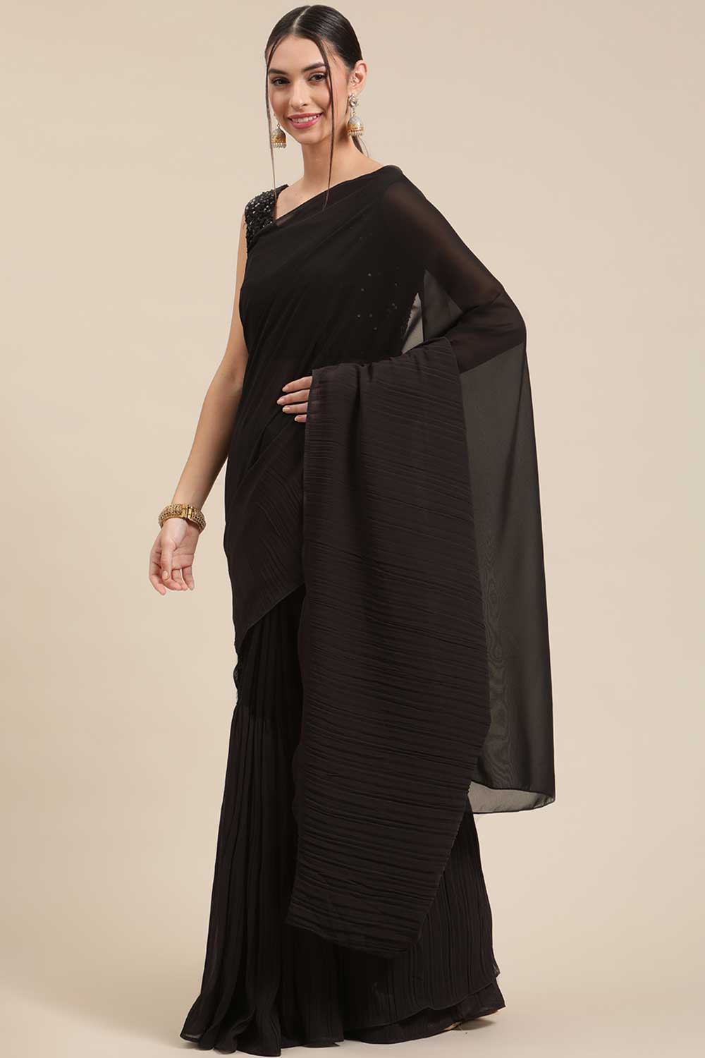 Buy Aaira Dark Grey Thin Pleats Georgette One Minute Saree Online - One Minute Saree