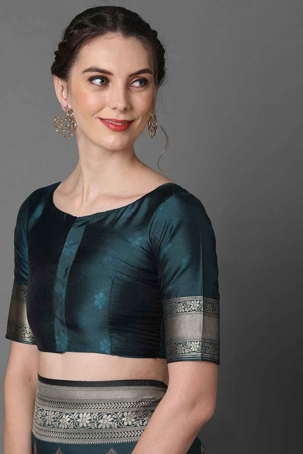 Buy Hemangi Teal Blue Woven Art Silk One Minute Saree Online - Back