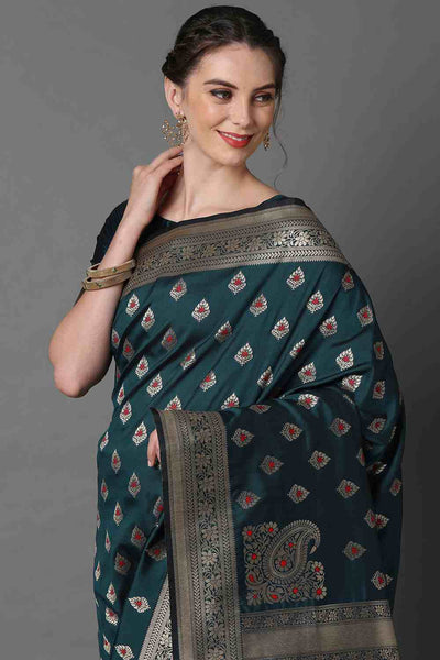 Buy Hemangi Teal Blue Woven Art Silk One Minute Saree Online - Side