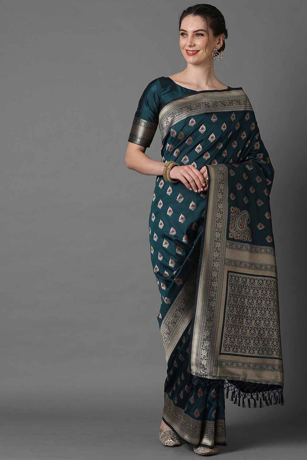 Buy Hemangi Teal Blue Woven Art Silk One Minute Saree Online - One Minute Saree