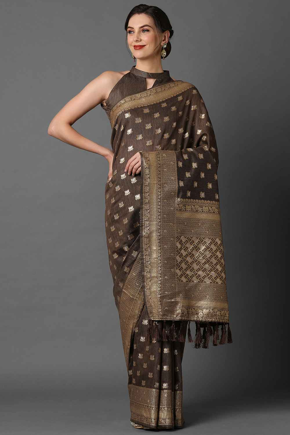 Buy Elan Brown Woven Art Silk One Minute Saree Online - One Minute Saree