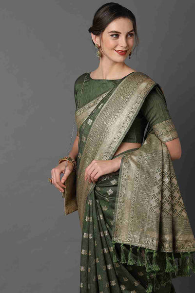 Buy Marcy Green Woven Art Silk One Minute Saree Online - Side