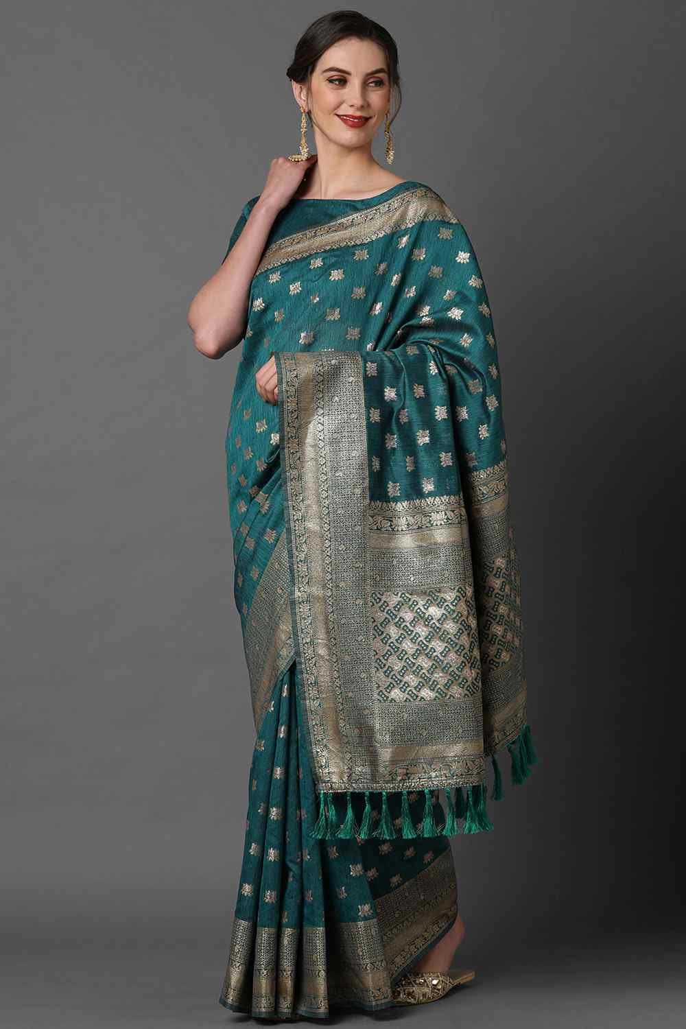 Buy Smitha Teal Blue Woven Art Silk One Minute Saree Online