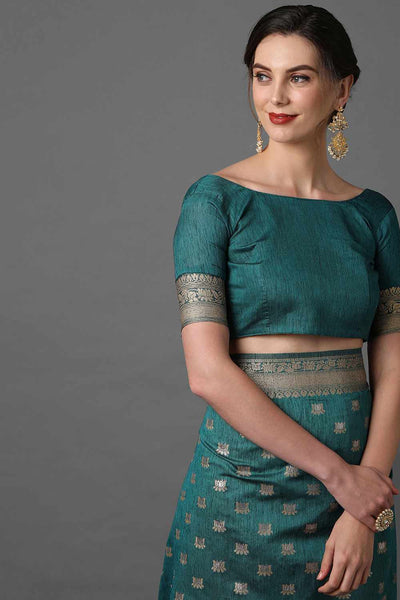 Buy Smitha Teal Blue Woven Art Silk One Minute Saree Online - Back