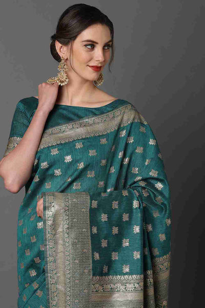 Buy Smitha Teal Blue Woven Art Silk One Minute Saree Online - Side