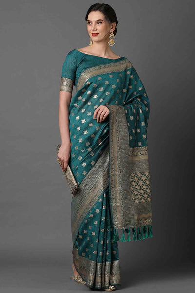 Buy Smitha Teal Blue Woven Art Silk One Minute Saree Online - One Minute Saree