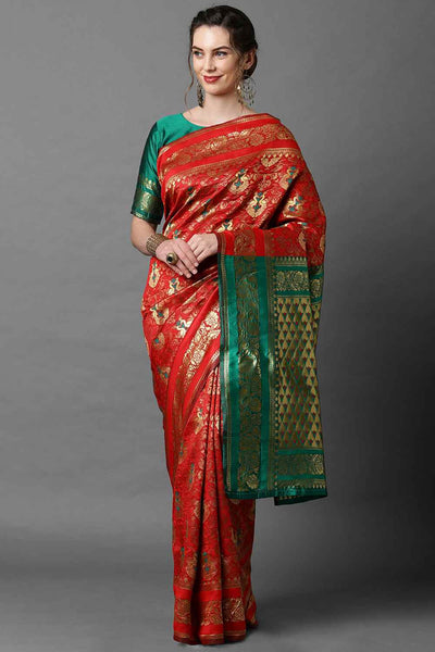 Buy Casey Red Woven Art Silk One Minute Saree Online - One Minute Saree