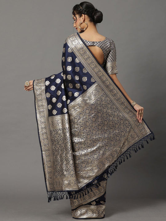 Shop Sneha Navy Blue Silk Blend Banarasi One Minute Saree at best offer at our  Store - One Minute Saree