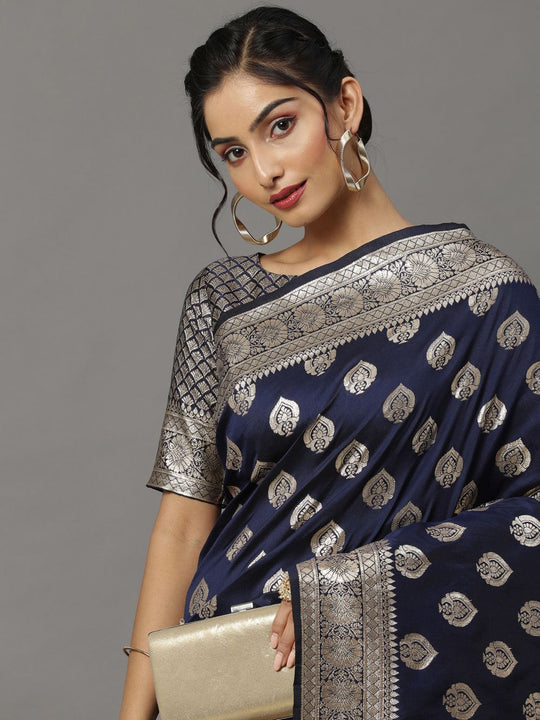 Buy Sneha Navy Blue Silk Blend Banarasi One Minute Saree Online