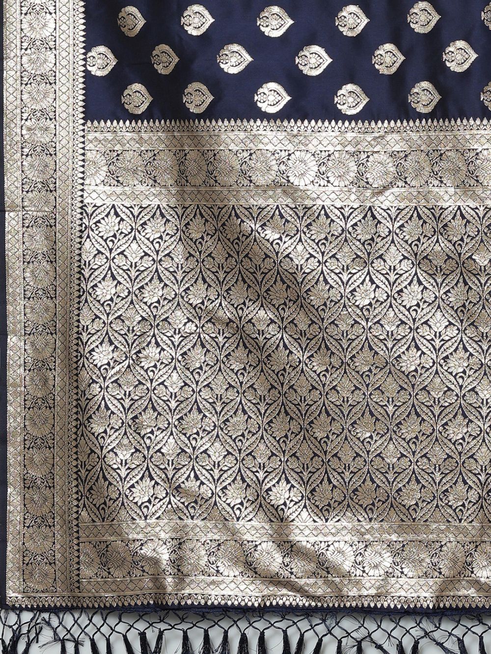 Buy Sneha Navy Blue Silk Blend Banarasi One Minute Saree Online - Front