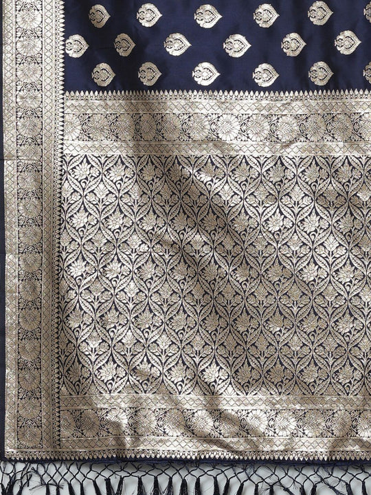 Buy Sneha Navy Blue Silk Blend Banarasi One Minute Saree Online - Front
