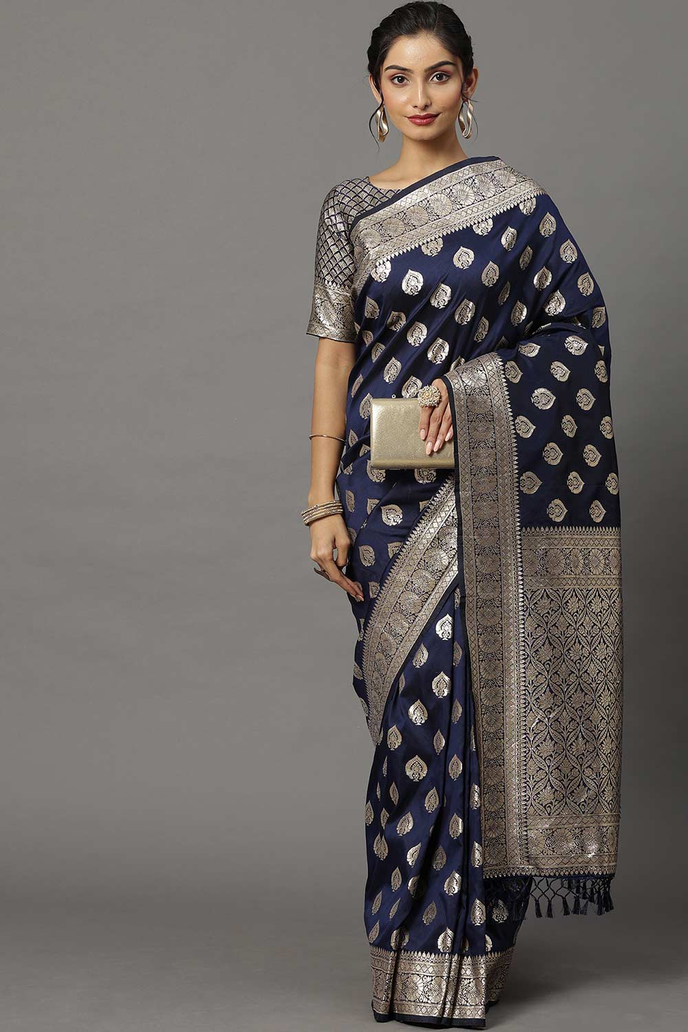 Buy Sneha Navy Blue Silk Blend Banarasi One Minute Saree Online - One Minute Saree