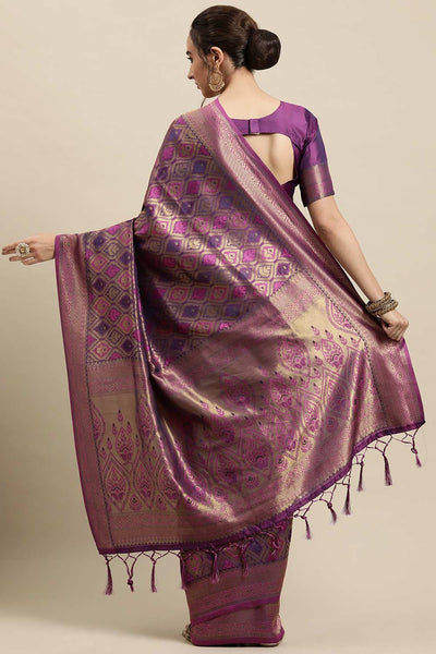 Buy Wine Zari Woven Silk Blend One Minute Saree Online - Back
