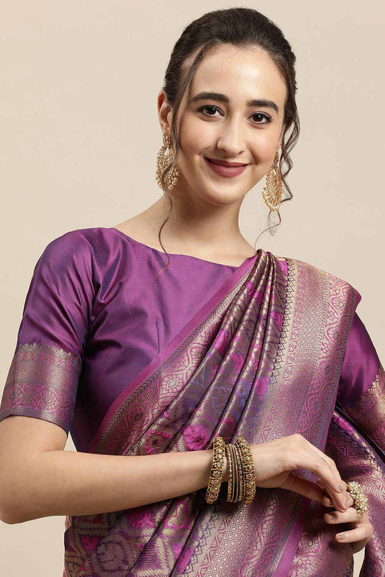Buy Genna Purple Zari Woven Silk Blend One Minute Saree Online