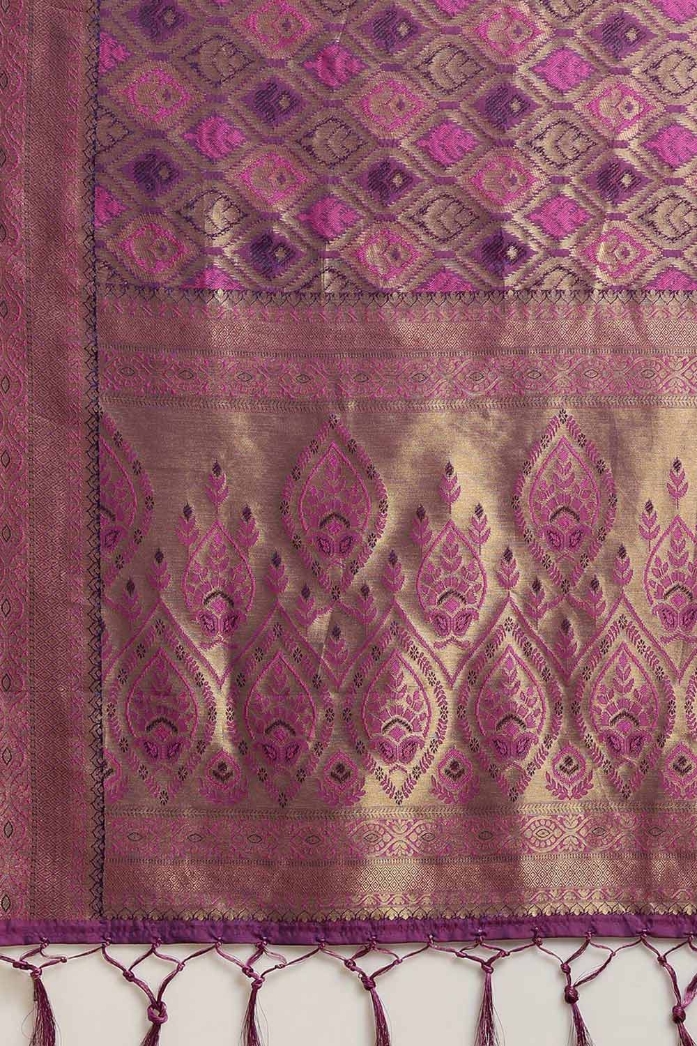 Buy Wine Zari Woven Silk Blend One Minute Saree Online - Side