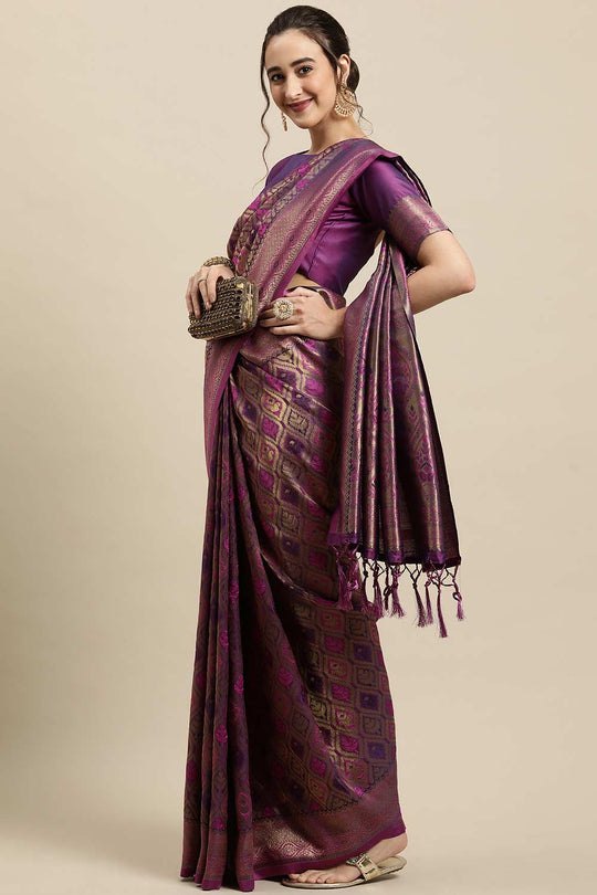 Buy Genna Purple Zari Woven Silk Blend One Minute Saree Online - Front