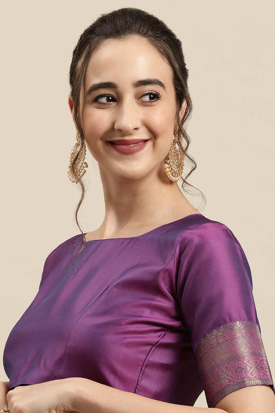 Buy Genna Purple Zari Woven Silk Blend One Minute Saree Online - Side