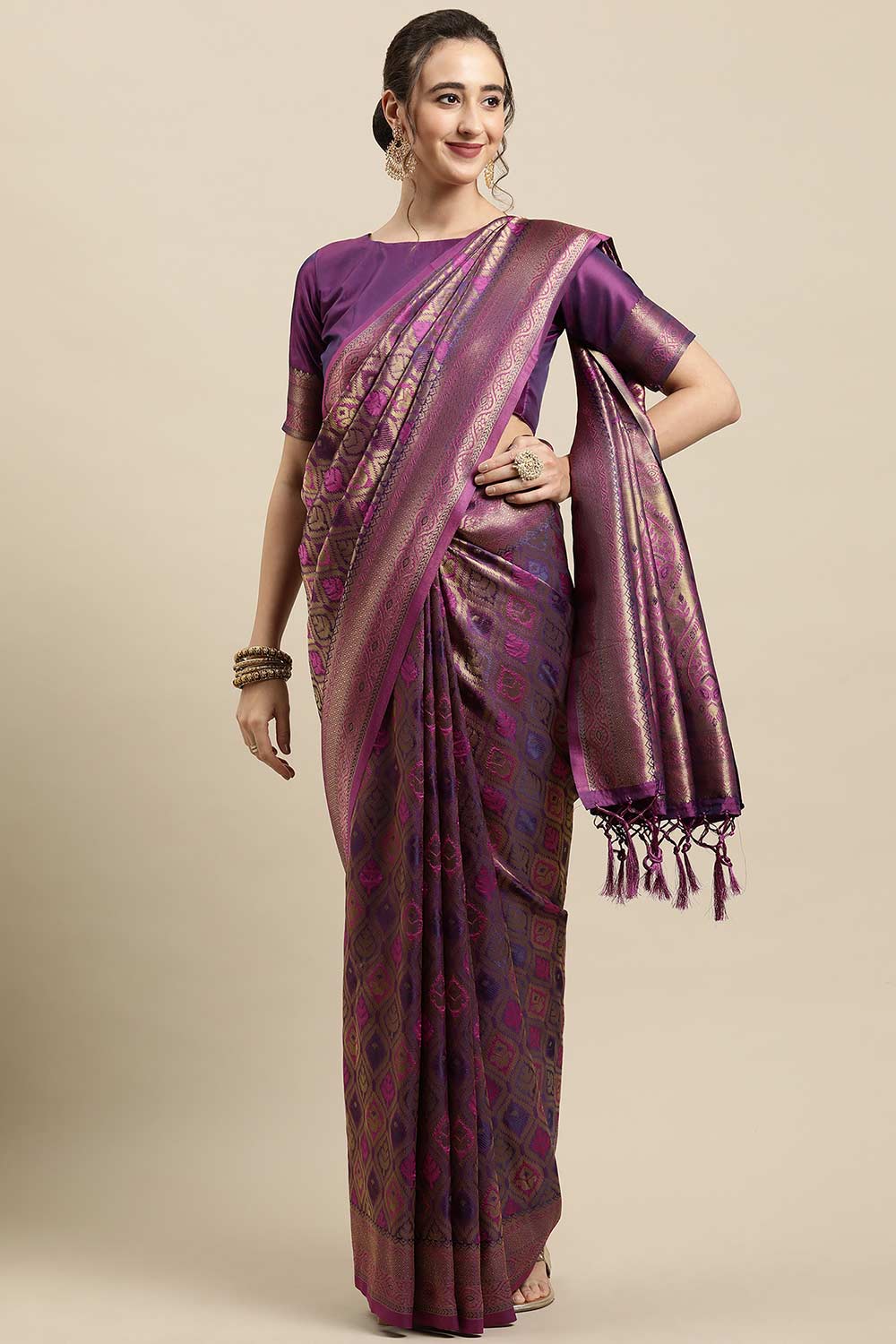 Buy Genna Purple Zari Woven Silk Blend One Minute Saree Online - One Minute Saree
