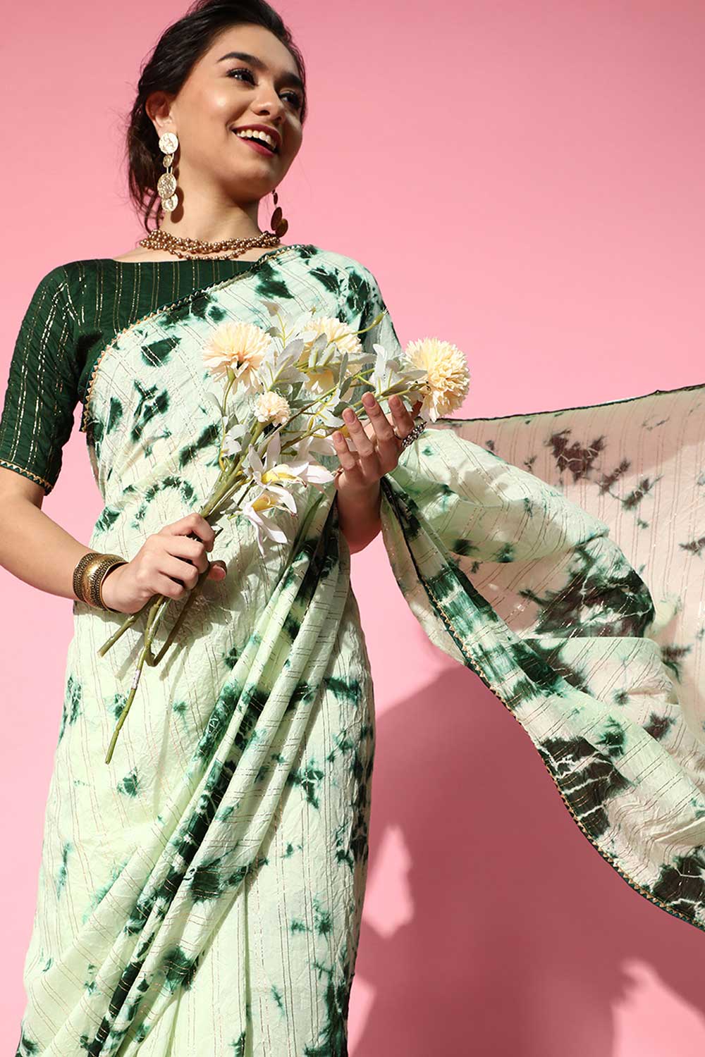 Buy Priya Green Tie and Dye Blended Silk One Minute Saree Online