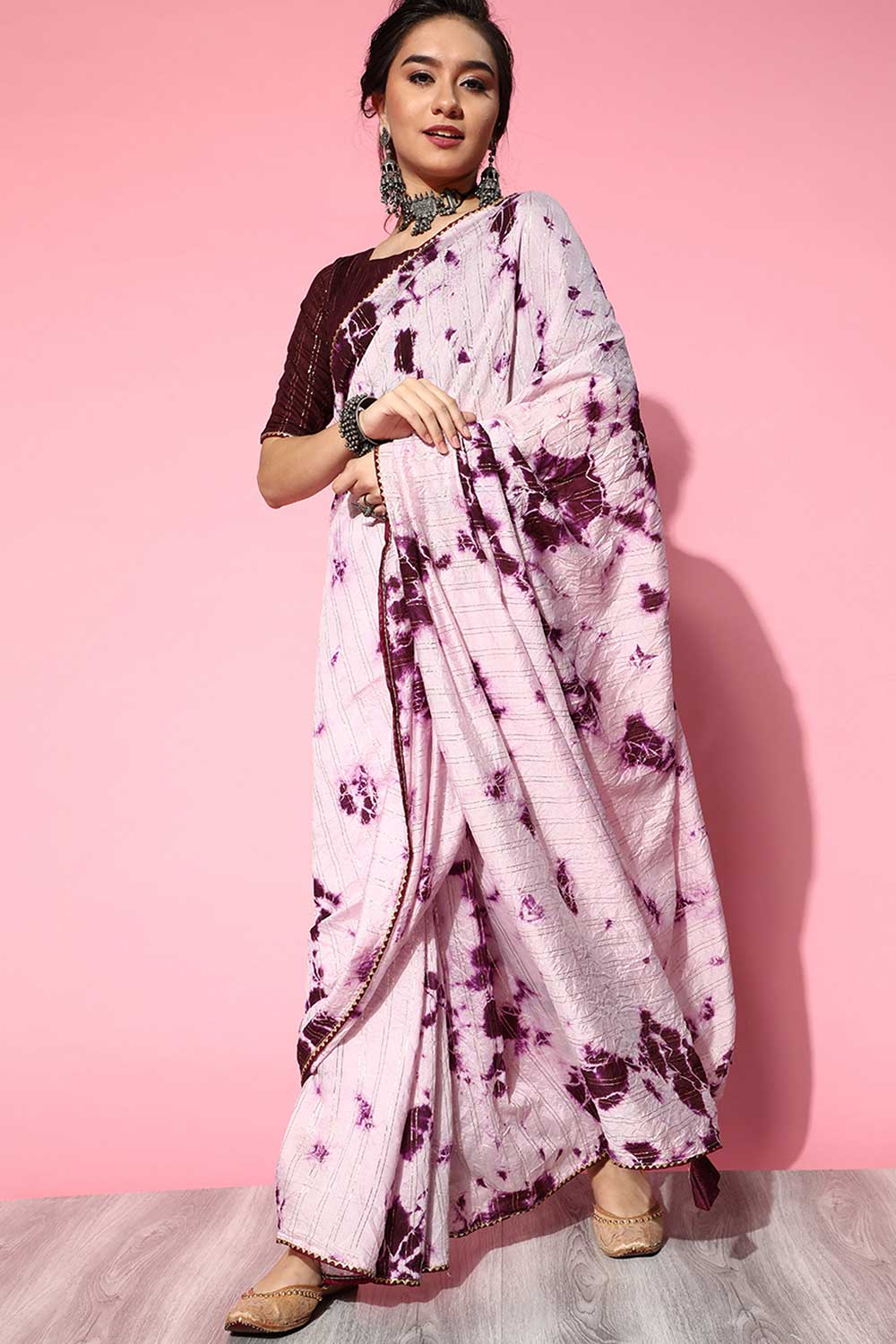 Buy Catherina Pink Tie and Dye Blended Silk One Minute Saree Online - One Minute Saree