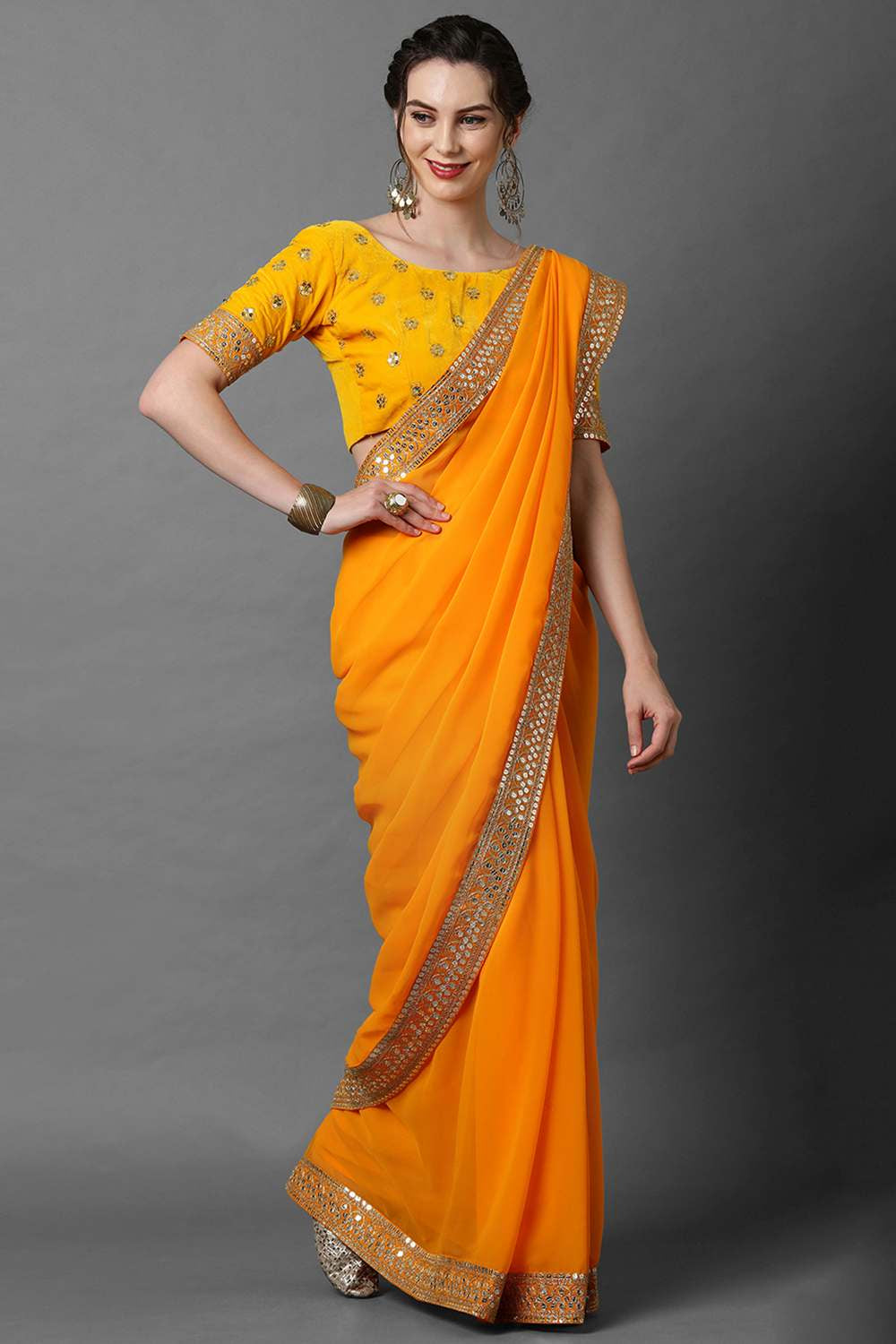 Buy Janet Yellow Solid and Lace Georgette One Minute Saree Online