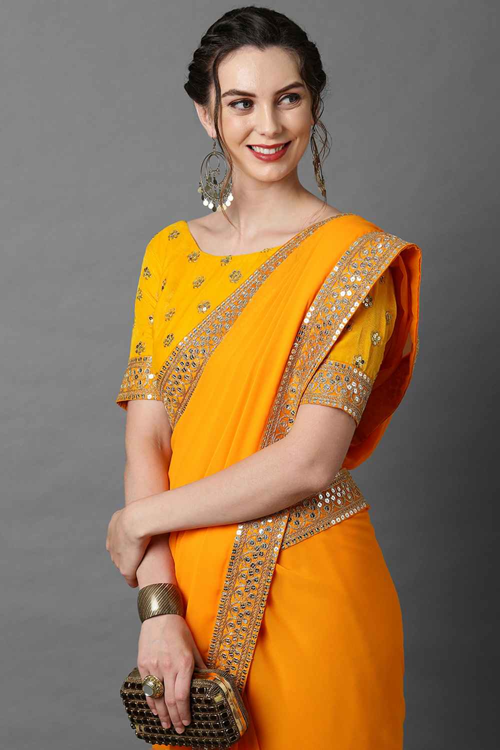 Buy Janet Yellow Solid and Lace Georgette One Minute Saree Online - Side