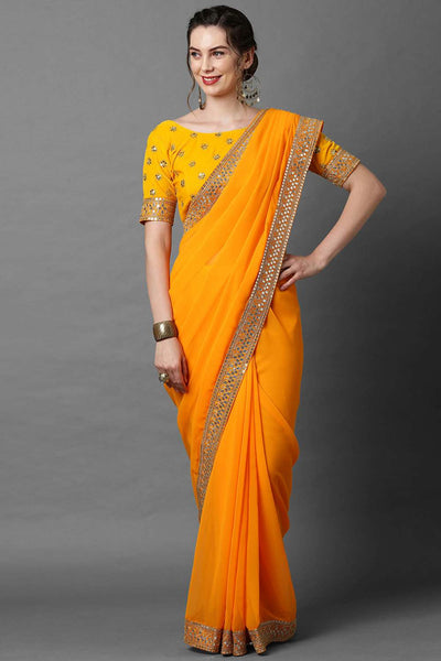 Buy Janet Yellow Solid and Lace Georgette One Minute Saree Online - One Minute Saree