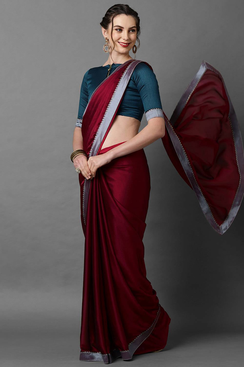 Buy Marcy Burgundy Solid and Lace Georgette One Minute Saree Online