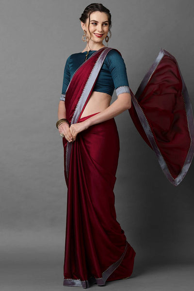 Buy Marcy Burgundy Solid and Lace Georgette One Minute Saree Online