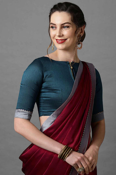 Buy Marcy Burgundy Solid and Lace Georgette One Minute Saree Online - Side