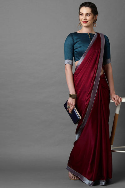 Buy Marcy Burgundy Solid and Lace Georgette One Minute Saree Online - One Minute Saree