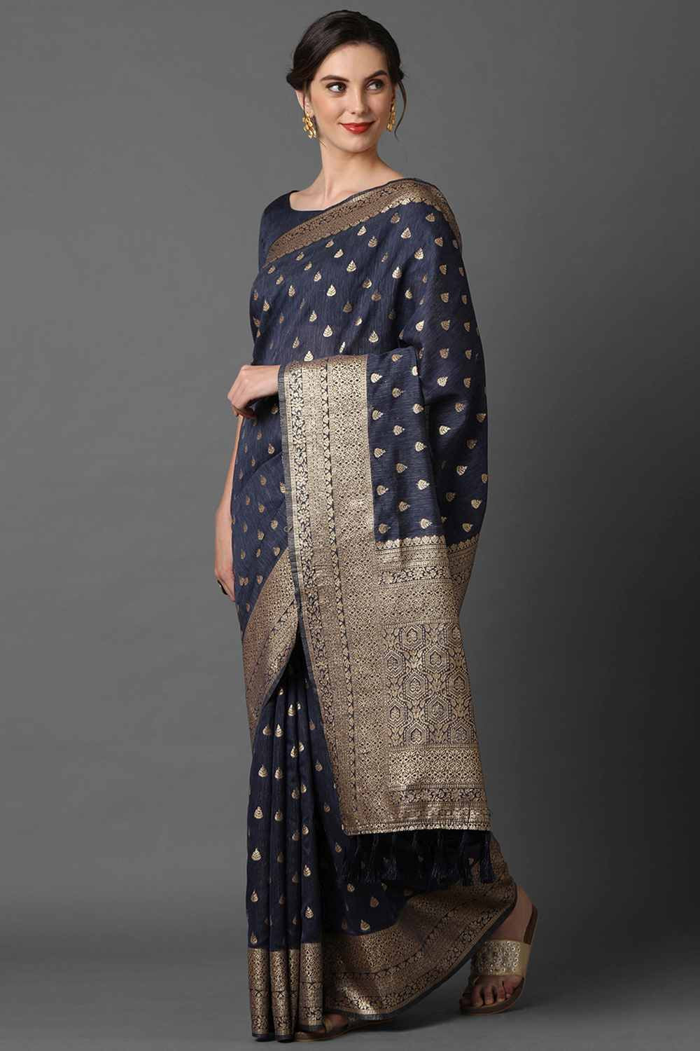 Buy Sheba Navy blue Woven Art Silk One Minute Saree Online