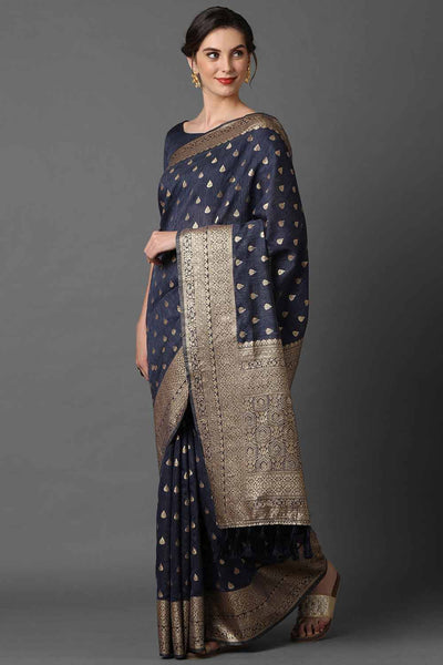 Buy Sheba Navy blue Woven Art Silk One Minute Saree Online