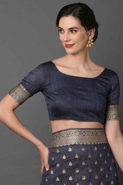 Buy Sheba Navy blue Woven Art Silk One Minute Saree Online - Back