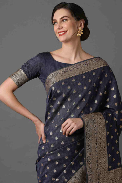 Buy Sheba Navy blue Woven Art Silk One Minute Saree Online - Side