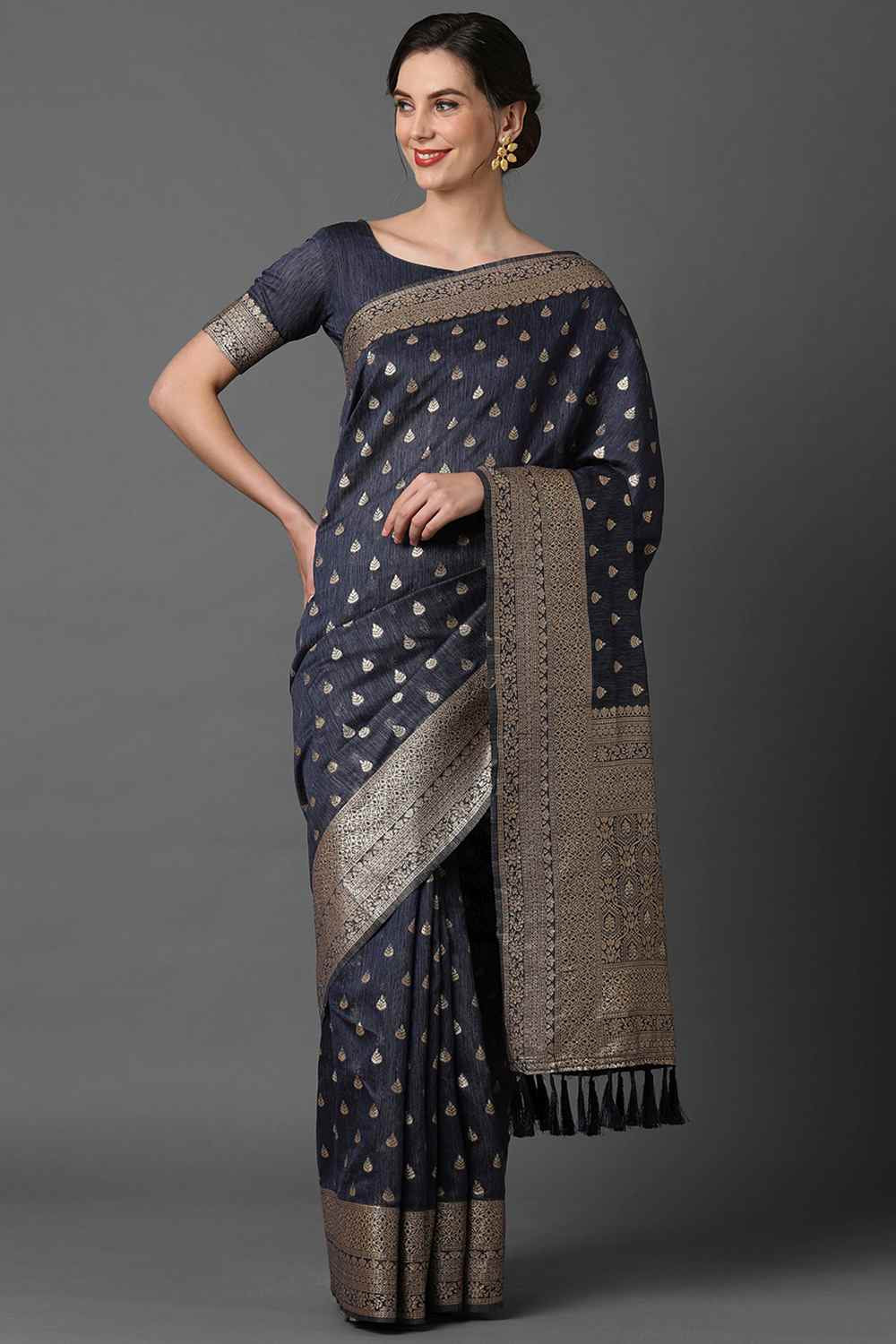 Buy Sheba Navy blue Woven Art Silk One Minute Saree Online - One Minute Saree