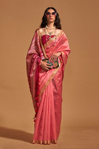 Buy Prisha Pink Kanoi Silk Woven Floral One Minute Saree Online - One Minute Saree