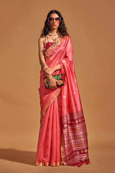 Shop Prisha Pink Kanoi Silk Woven Floral One Minute Saree at best offer at our  Store - One Minute Saree