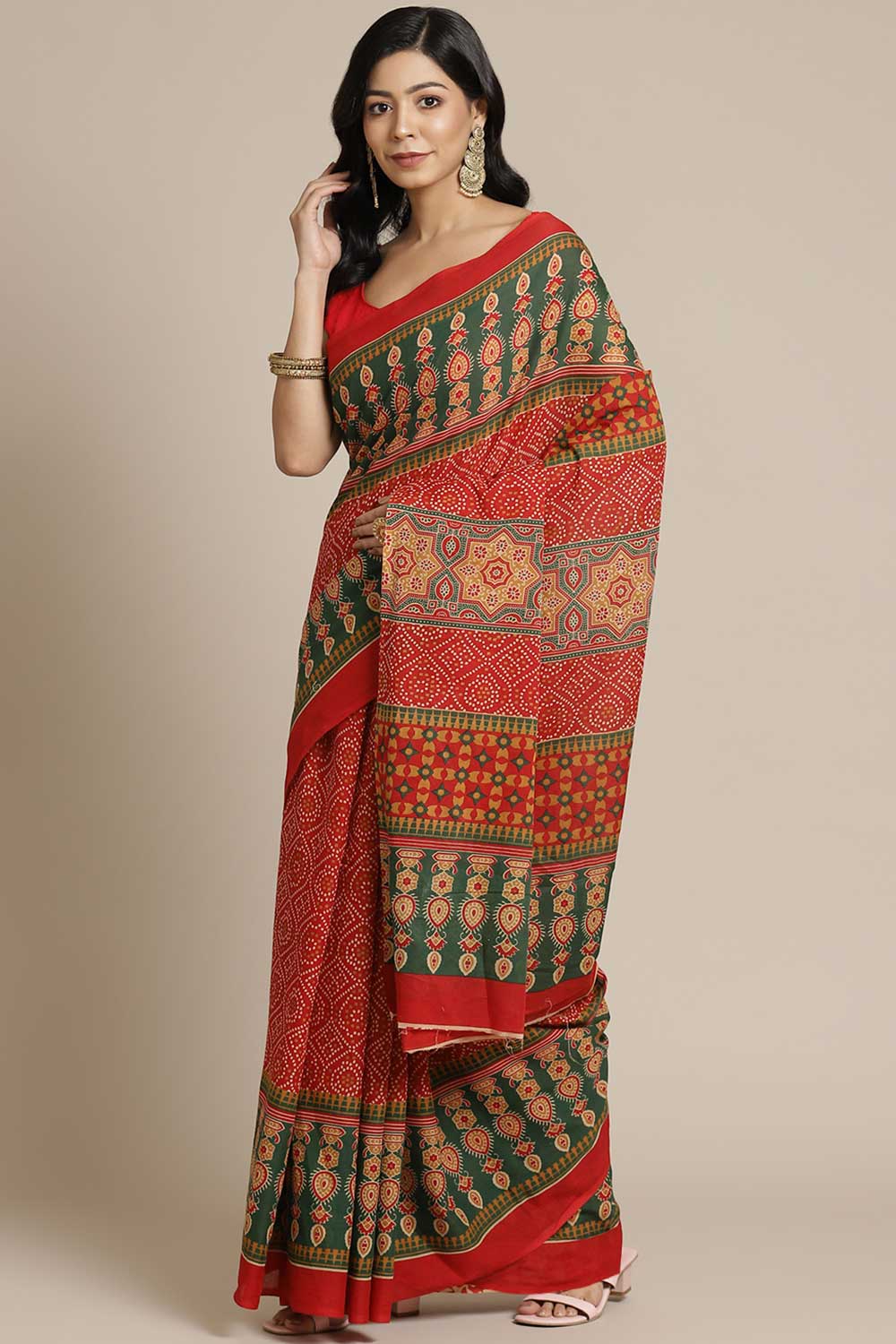 Buy Red Block Printed Blended Cotton One Minute Saree Online