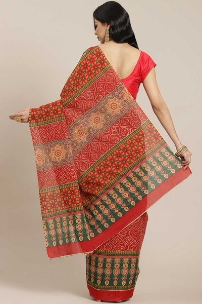 Buy Red Block Printed Blended Cotton One Minute Saree Online - Back