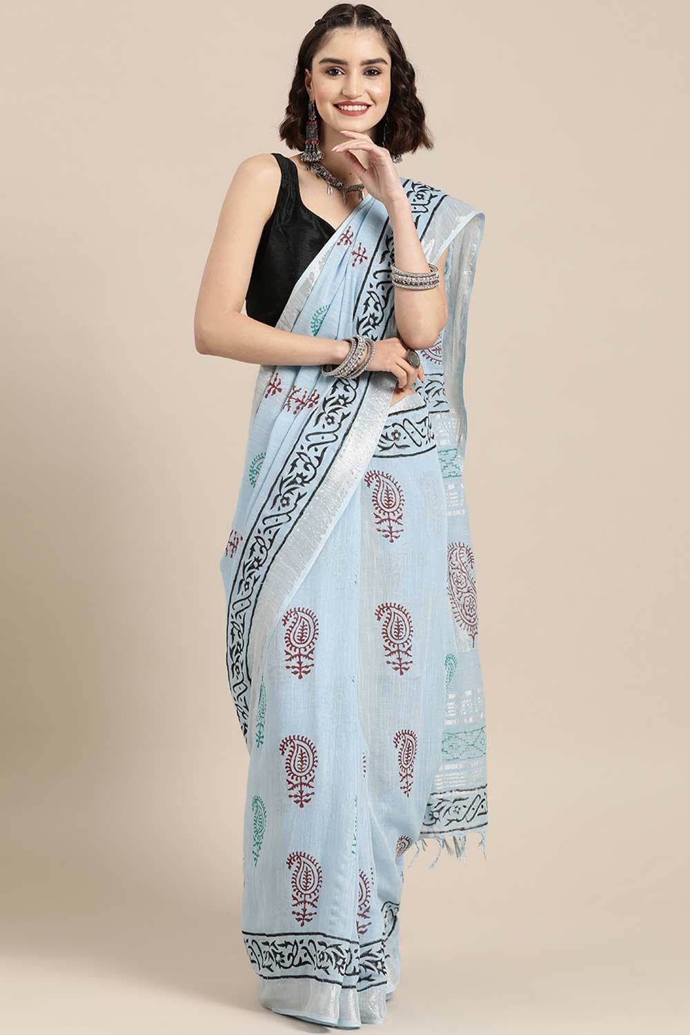 Buy Carmen Sky Blue Block Printed Linen One Minute Saree Online - One Minute Saree