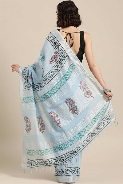 Shop Carmen Sky Blue Block Printed Linen One Minute Saree at best offer at our  Store - One Minute Saree