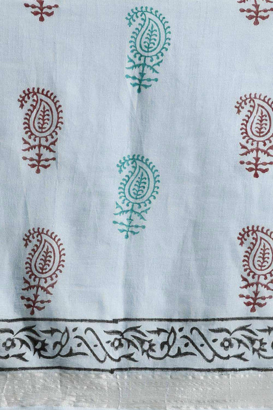 Buy Carmen Sky Blue Block Printed Linen One Minute Saree Online