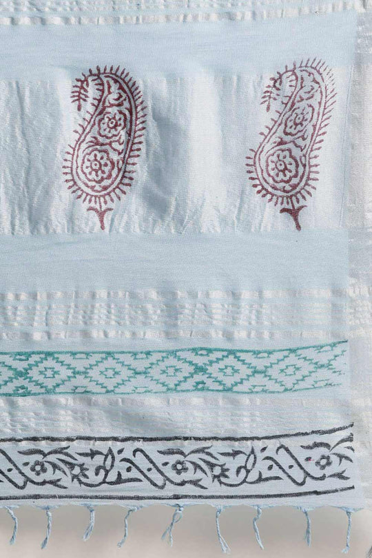Buy Carmen Sky Blue Block Printed Linen One Minute Saree Online - Back