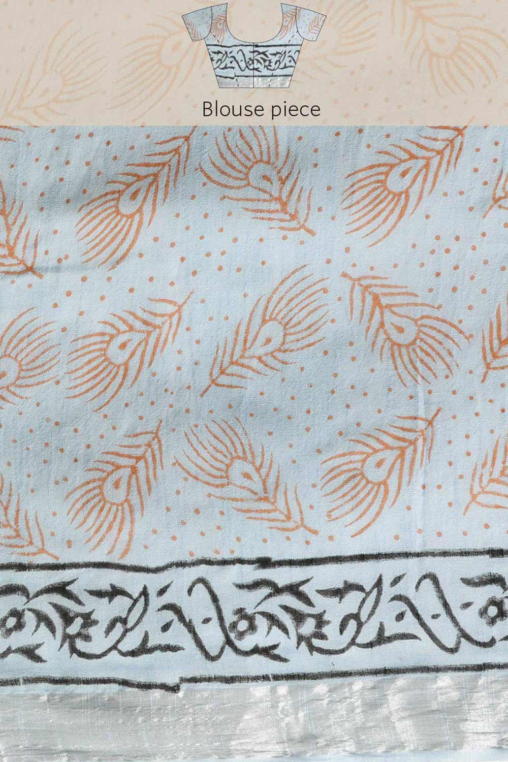 Buy Carmen Sky Blue Block Printed Linen One Minute Saree Online - Side